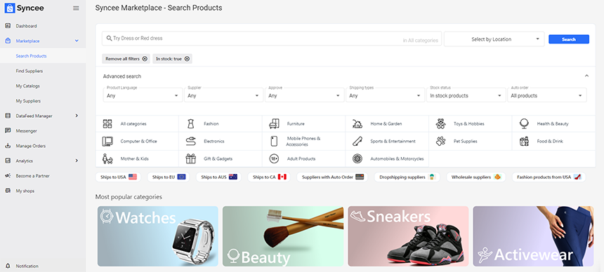 Search for products in Syncee Marketplace