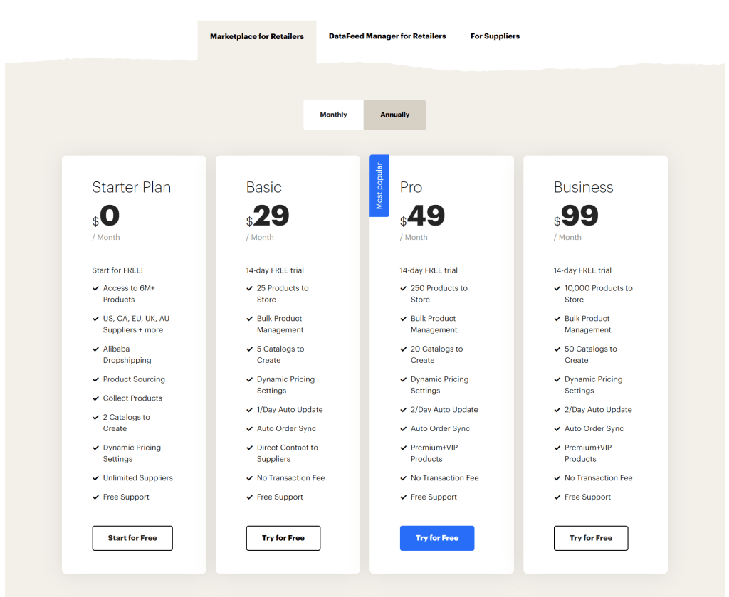 Syncee pricing plans