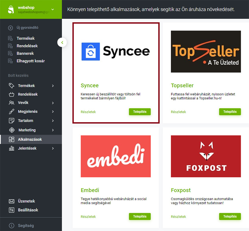A Syncee alkalmazás a Shoprenteren